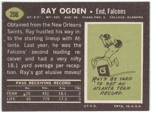 1969 Topps Football #206 Ray Ogden Rookie Card