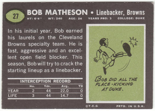 1969 Topps Football #27 Bob Matheson Rookie Card