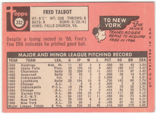 1969 Topps Baseball #332 Fred Talbot