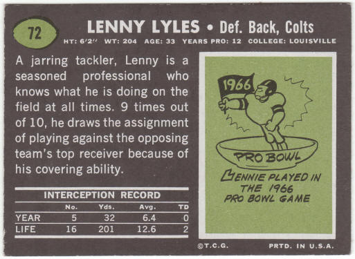 1969 Topps Football #72 Lenny Lyles