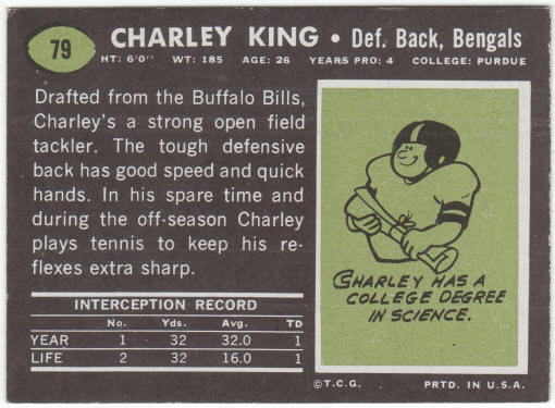 1969 Topps Football #79 Charley King Rookie Card