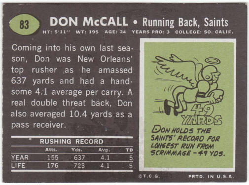 1969 Topps Football #83 Don McCall Rookie Card