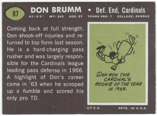 1969 Topps Football #87 Don Brumm Rookie Card