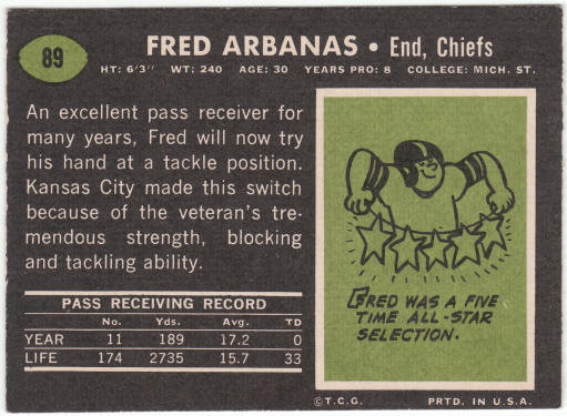 1969 Topps Football #89 Fed Arbanas