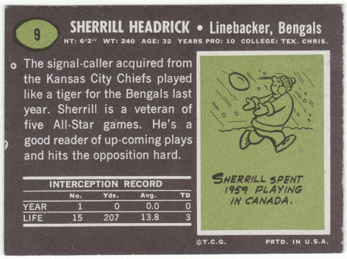 1969 Topps Football #9 Sherrill Headrick