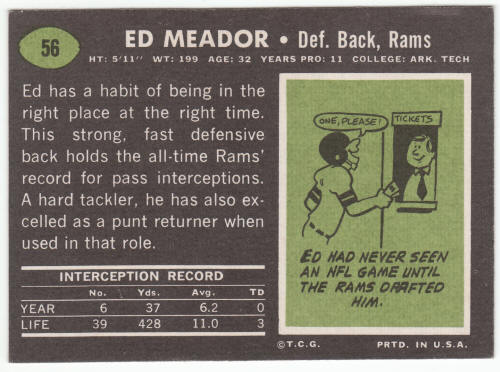 1969 Topps Football Ed Meador #56 Card