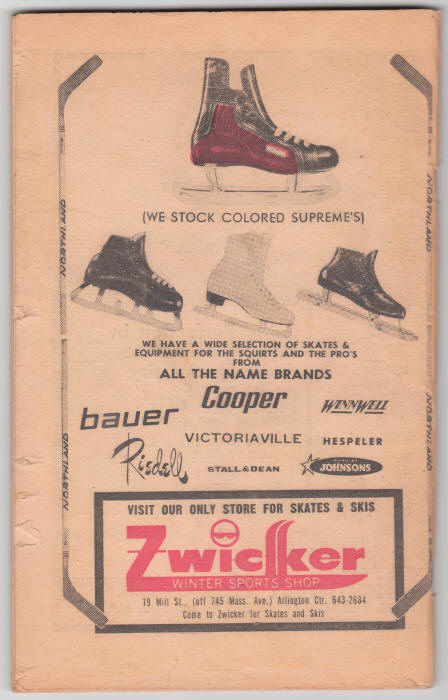 Boston Herald Traveler 1970-71 Boston Bruins Hockey Guide back cover