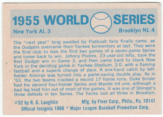 1970 Fleer 1955 World Series Card #52 back