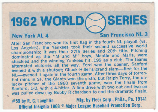 1970 Fleer 1962 World Series Card #59 back