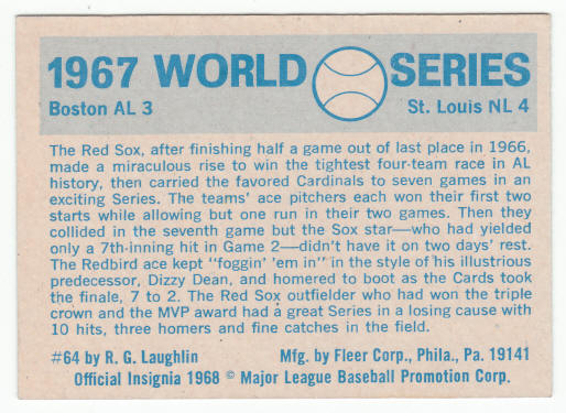 1970 Fleer 1967 World Series Card #64 Saint Louis Cardinals Win