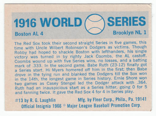 1916 World Series Card #13 Babe Ruth back