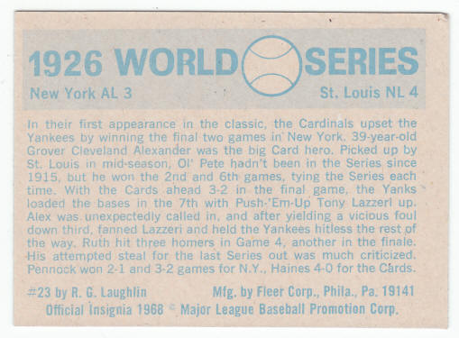 1970 Fleer 1926 World Series Card #23 Alexander Tony Lazzeri back