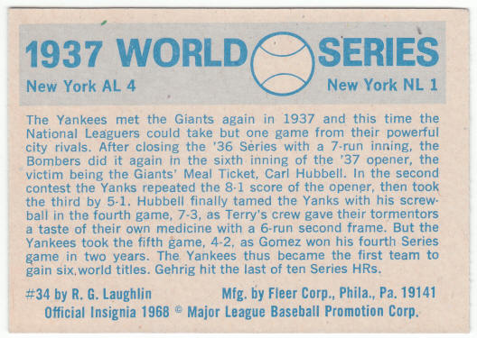 1970 Fleer 1937 World Series Card #34 back