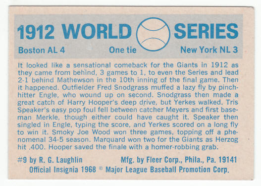 1912 World Series Card #9 New York Giants Lose back