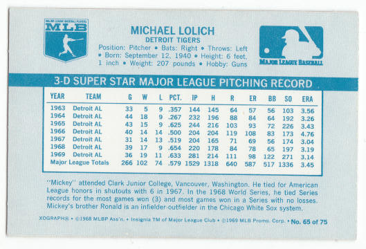 1970 Kelloggs 3D Mickey Lolich #65 back