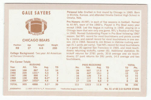 1970 Kelloggs Football Gale Sayers #51