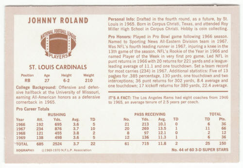 1970 Kelloggs 44 Johnny Roland back