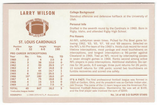 1970 Kelloggs Football Larry Wilson #14 back
