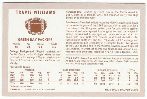 1970 Kelloggs 5 Travis Williams back