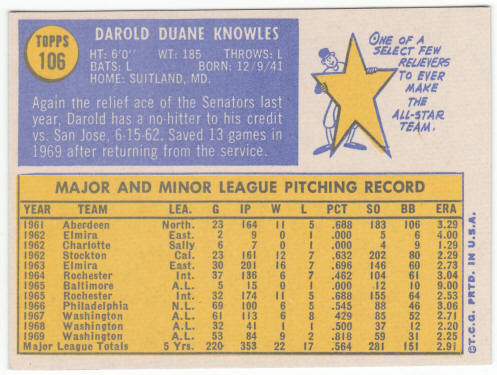 1970 Topps Baseball #106 Darold Knowles