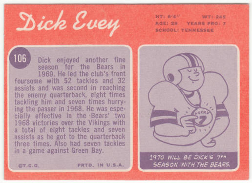 1970 Topps Football #106 Dick Evey
