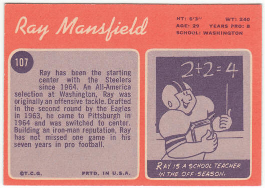 1970 Topps Football #107 Ray Mansfield Rookie Card