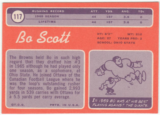 1970 Topps Football #117 Bo Scott Rookie Card
