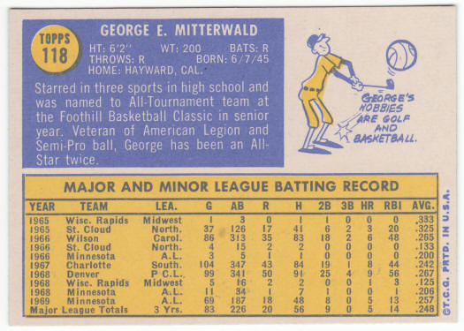 1970 Topps Baseball #118 George Mitterwald