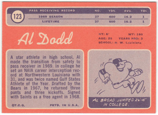 1970 Topps Football #123 Al Dodd Rookie Card