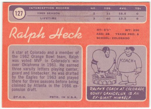 1970 Topps Football #127 Ralph Heck