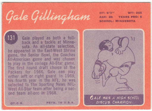 1970 Topps Football #131 Gale Gillingham Rookie Card