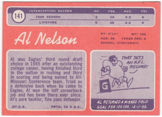1970 Topps Football #141 Al Nelson Rookie Card