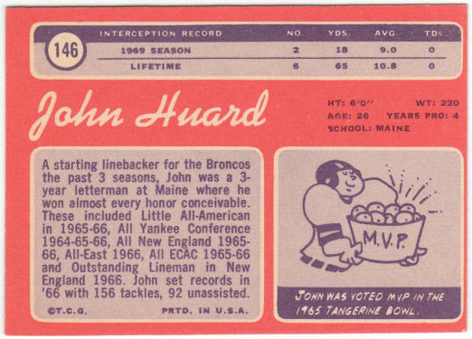 1970 Topps Football #146 John Huard Rookie Card