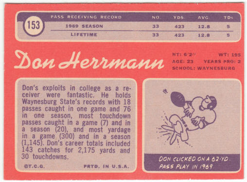 1970 Topps Football #153 Don Herrmann Rookie Card