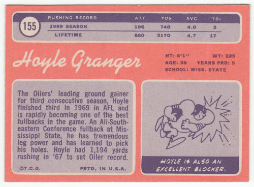 1970 Topps Football #155 Hoyle Granger Rookie Card back