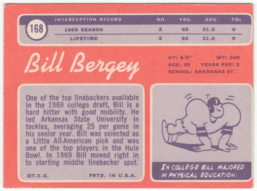 1970 Topps Football #168 Bill Bergey Rookie Card
