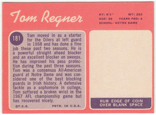 1970 Topps Football #181 Tom Regner Rookie Card