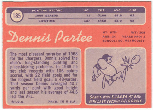 1970 Topps Football #185 Dennis Partee Rookie Card