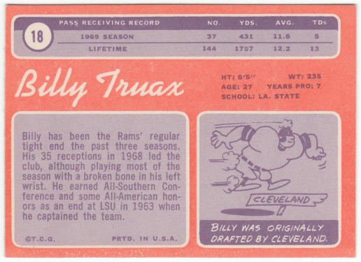 1970 Topps Football #18 Billy Truax