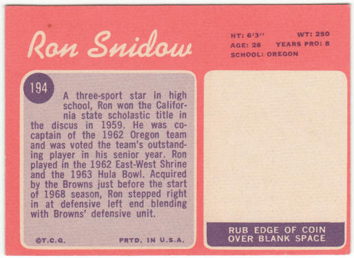 1970 Topps Football #194 Ron Snidow Rookie Card