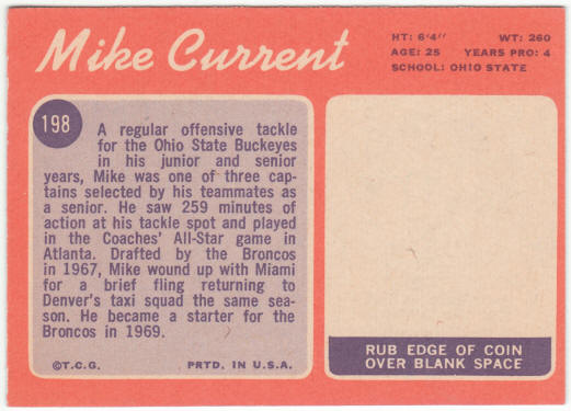 1970 Topps Football #198 Mike Current Rookie Card