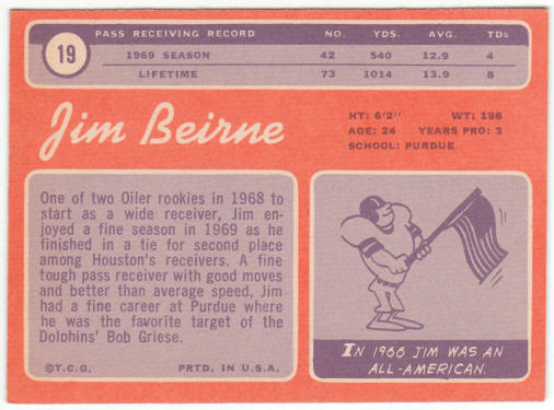 1970 Topps Football #19 Jim Beirne Rookie Card