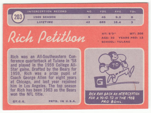 1970 Topps Football #203 Rich Petitbon back