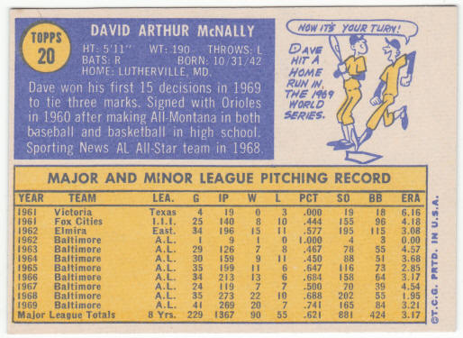 1970 Topps #20 Dave McNally back