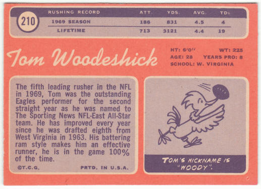 1970 Topps Football #210 Tom Woodeshick