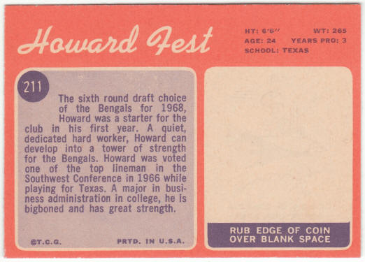 1970 Topps Football #211 Howard Fest Rookie Card