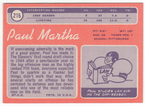 1970 Topps Football #216 Paul Martha back