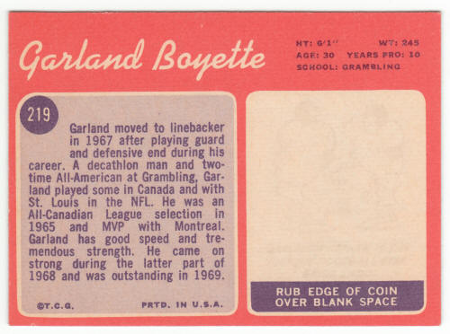 1970 Topps Football #219 Garland Boyette back