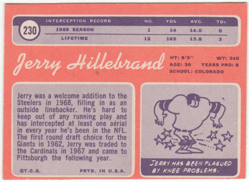 1970 Topps Football #230 Jerry Hillebrand
