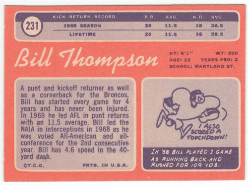 1970 Topps Football #231 Bill Thompson Rookie Card back